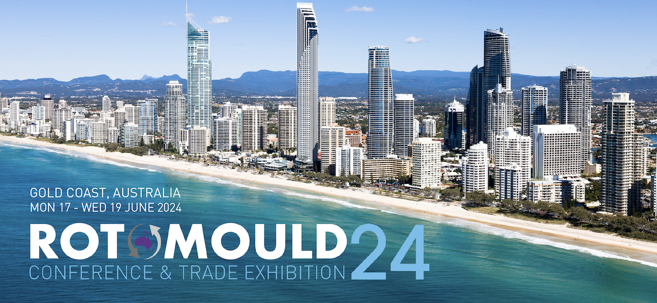 Gold Coast skyline and beach with Rotomould24 logo